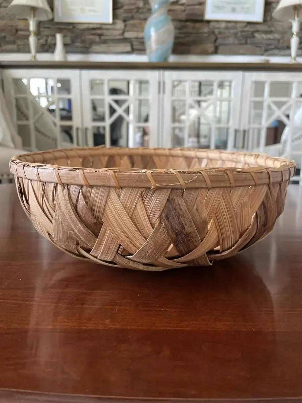 Vintage Hand Woven Wood Splint Basket Rustic Farmhouse Bread Decorative